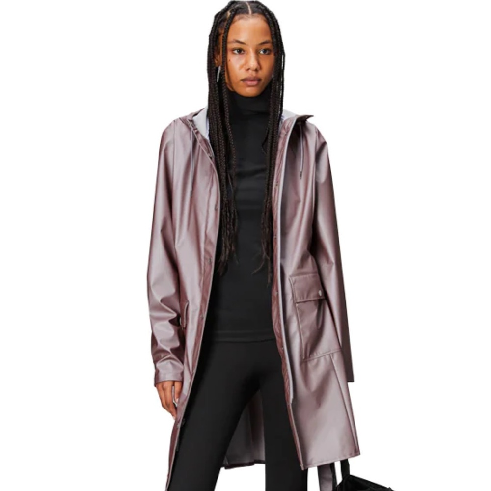 New RAINS Curve Long Jacket in metallic dusty rose